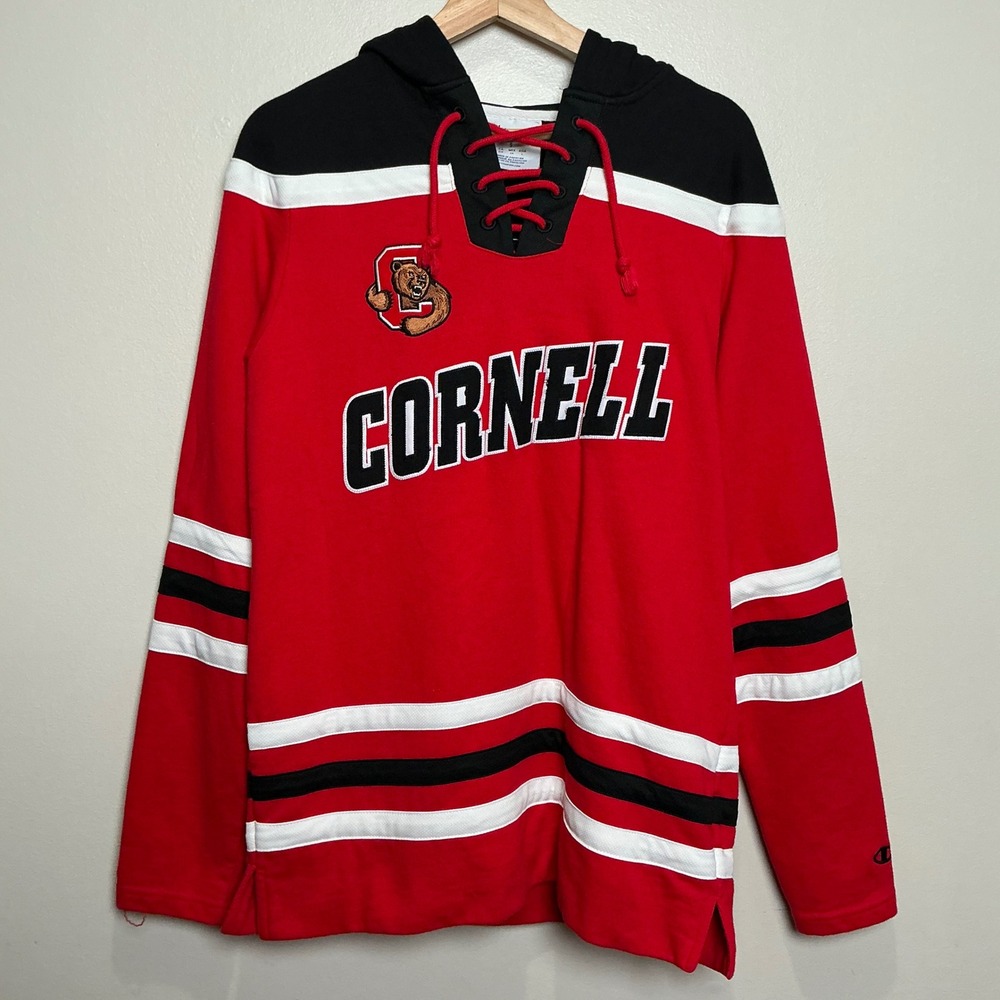 Champion Cornell Hockey Hoodie Mens Small Red Lace Up Big Red Bear EUC